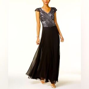 NWT J KARA Hand-Beaded Sequined Gown Black 6P